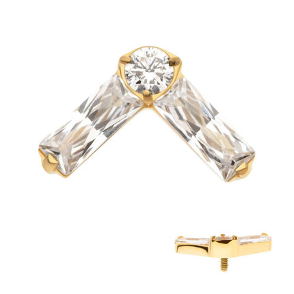 Invictus 24Kt Gold PVD Titanium Internally Threaded Prong Set Baguette & Round CZ Chevron Shape Top