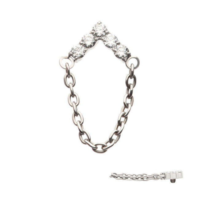 Invictus Titanium Internally Threaded 5-Cluster Round AAA CZ Chevron Shape Top with Dangle Chain