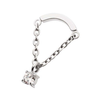 Invictus Titanium Internally Threaded Curved Bar Top with Dangle Chain & Prong Set Round AAA CZ