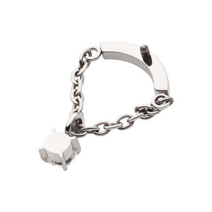 Invictus Titanium Internally Threaded Curved Bar Top with Dangle Chain & Prong Set Round AAA CZ
