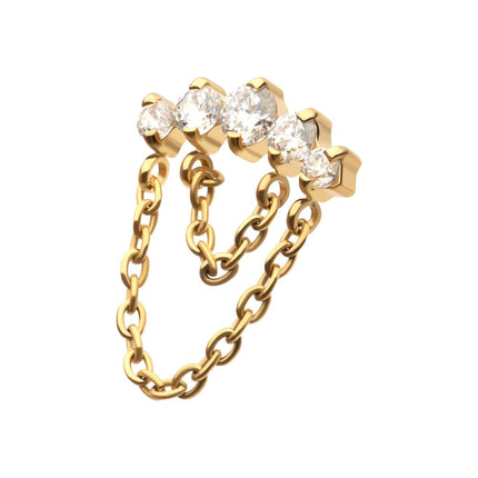 Invictus 24Kt Gold PVD Titanium Internally Threaded 5-Cluster Round AAA CZ Top with 2 Tier Dangle Chain