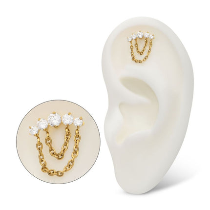 Invictus 24Kt Gold PVD Titanium Internally Threaded 5-Cluster Round AAA CZ Top with 2 Tier Dangle Chain