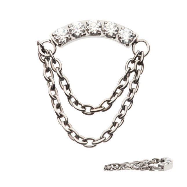 Invictus Titanium Internally Threaded 5-Cluster Round AAA CZ Curved Bar Top with 2 Tier Dangle Chain