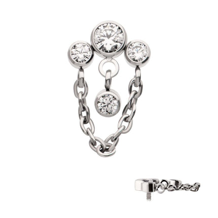 Invictus Titanium Internally Threaded 3-Curved Cluster Bezel Round CZ Top with Chain & Gem Dangles