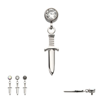 Invictus Titanium Internally Threaded Bezel Round CZ Dangle Dagger Top