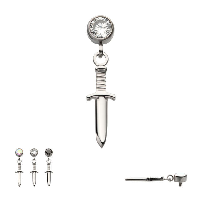 Invictus Titanium Internally Threaded Bezel Round CZ Dangle Dagger Top