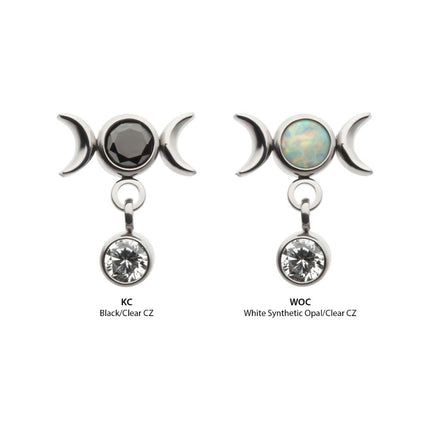 Invictus Titanium Internally Threaded Dangle Bezel Round CZ Triple Moon Phase Gem Top