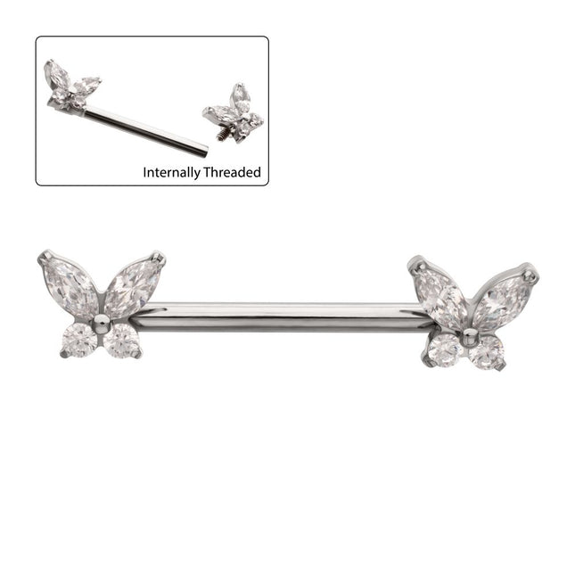 Invictus Titanium Internally Threaded Prong Set Butterfly CZ Gem End Nipple Barbell (One Side Fixed, One Side Internally Threaded) | Sold by piece