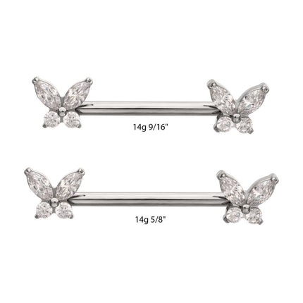 Invictus Titanium Internally Threaded Prong Set Butterfly CZ Gem End Nipple Barbell (One Side Fixed, One Side Internally Threaded) | Sold by piece