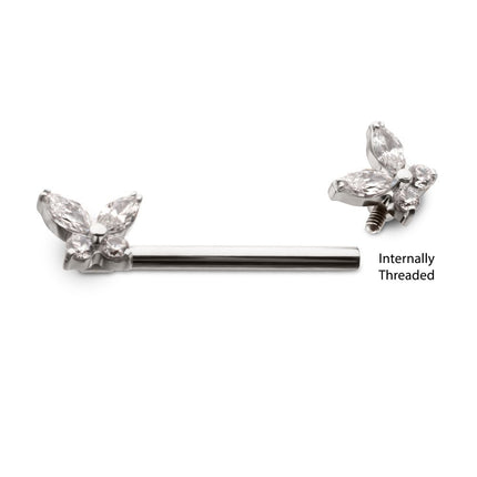 Invictus Titanium Internally Threaded Prong Set Butterfly CZ Gem End Nipple Barbell (One Side Fixed, One Side Internally Threaded) | Sold by piece