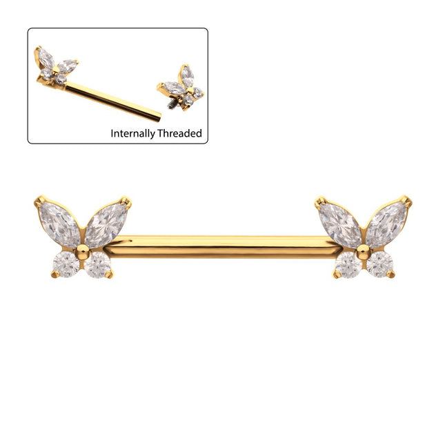 Invictus 24Kt Gold PVD Titanium Internally Threaded Prong Set Butterfly CZ Gem End Nipple Barbell (One Side Fixed, One Side Internally Threaded) | Sold by piece