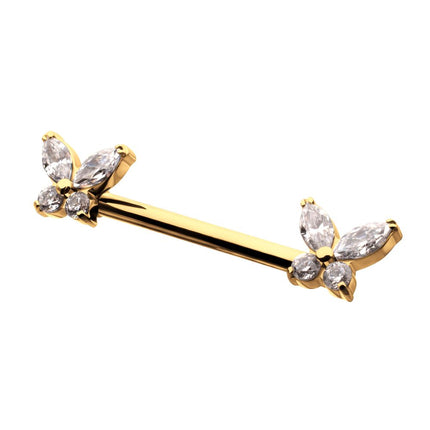 Invictus 24Kt Gold PVD Titanium Internally Threaded Prong Set Butterfly CZ Gem End Nipple Barbell (One Side Fixed, One Side Internally Threaded) | Sold by piece