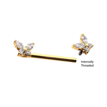 Invictus 24Kt Gold PVD Titanium Internally Threaded Prong Set Butterfly CZ Gem End Nipple Barbell (One Side Fixed, One Side Internally Threaded) | Sold by piece