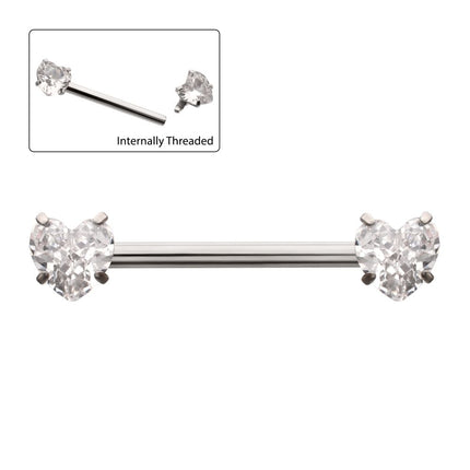 Invictus Titanium Internally Threaded Prong Set Heart CZ Gem End Nipple Barbell (One Side Fixed, One Side Internally Threaded) | Sold by piece
