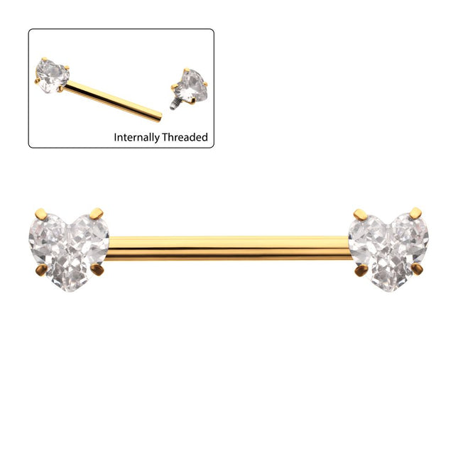 Invictus 24Kt Gold PVD Titanium Internally Threaded Prong Set Heart CZ Gem End Nipple Barbell (One Side Fixed, One Side Internally Threaded) | Sold by piece