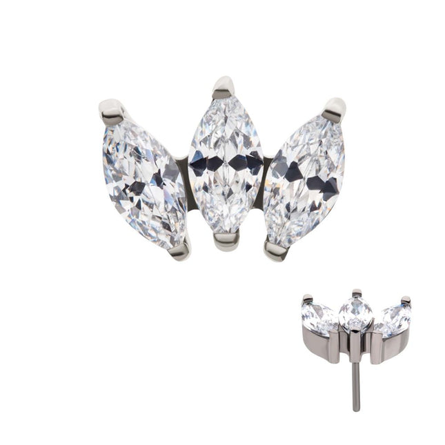 Invictus Titanium Threadless with Prong Set Marquise CZ 3-Cluster Top