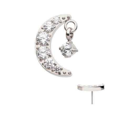 Invictus Titanium Threadless Crescent Moon CZ Top with Dangle Pronged Round CZ