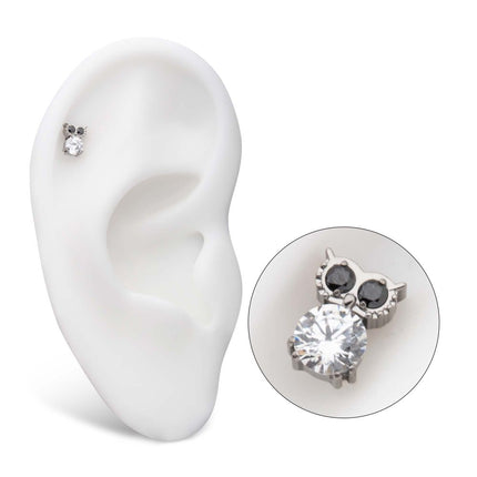 Invictus Titanium Threadless Prong Set Round Black & Clear CZ Owl Top