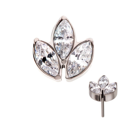 Invictus Titanium Threadless with Prong Set Marquise Clear CZ 3-Cluster Top