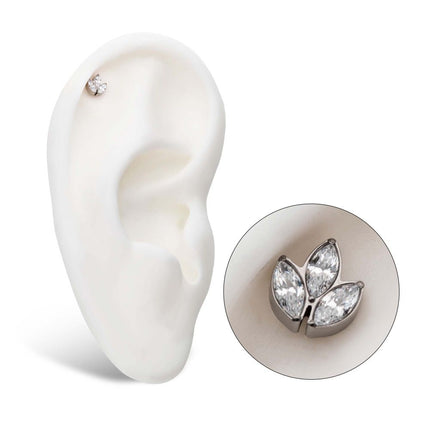 Invictus Titanium Threadless with Prong Set Marquise Clear CZ 3-Cluster Top