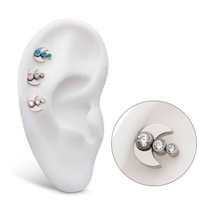 Invictus Titanium Threadless 3-Cluster Bezel Set Gem/Opal Crescent Moon Top