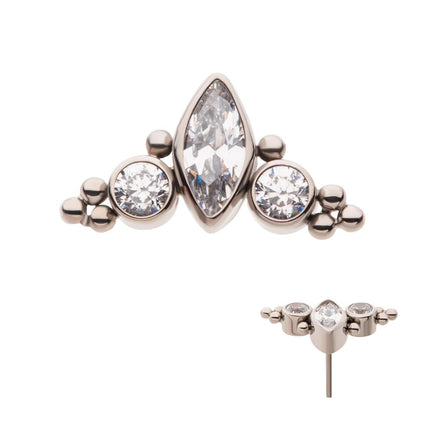 Invictus Titanium Threadless Beaded Bezel Set Marquise & Round Gem 3-Cluster Top