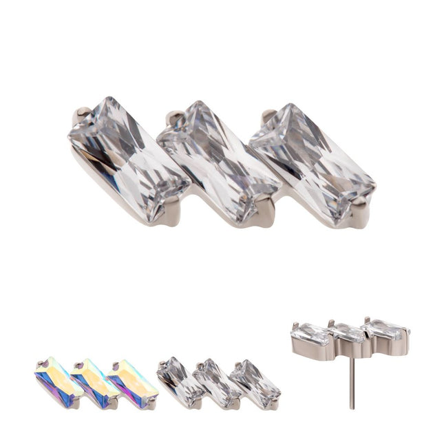Invictus Titanium Threadless Prong Set Baguette CZ Diagonal 3-Cluster Top