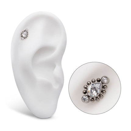 Invictus Titanium Threadless with Bezel Set Round CZ & Beads Around Teardrop CZ Top