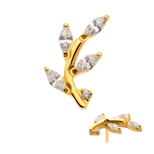 Invictus 24Kt Gold PVD Threadless Prong Set Marquise CZ Leaf Top