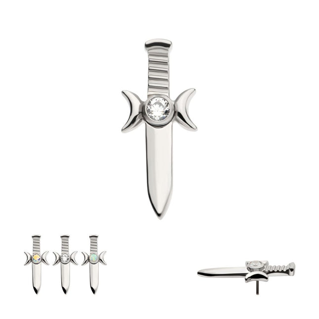 Invictus Titanium Threadless with Bezel Set 2mm CZ/Opal Triple Moon Phase Dagger Top
