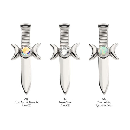 Invictus Titanium Threadless with Bezel Set 2mm CZ/Opal Triple Moon Phase Dagger Top