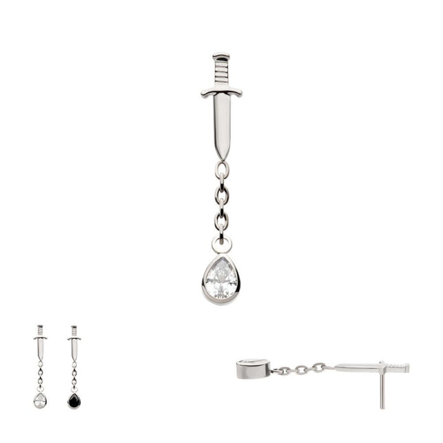 Invictus Titanium Threadless Dangle Chain Bezel Teardrop CZ Dagger Top