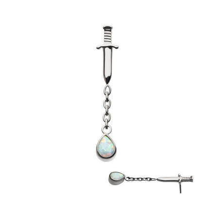 Invictus Titanium Threadless Dagger Top with Bezel Set Teardrop Opal Chain Dangle