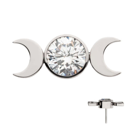 Invictus Titanium Threadless Triple Moon Phase Top with Center Bezel Set Clear CZ