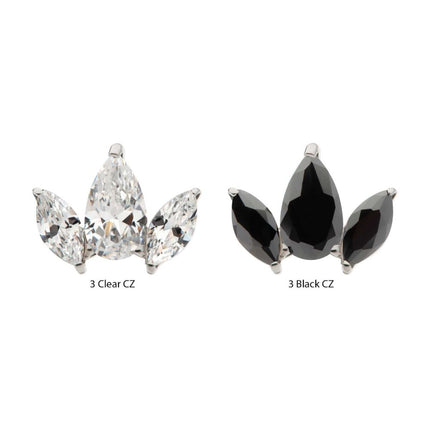 Invictus Titanium Threadless 3 Cluster Top with Prong Set Teardrop & Marquise CZ