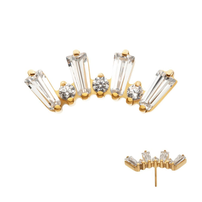 Invictus 24Kt Gold PVD Titanium Threadless Prong Set Baguette & Round CZ 7-Cluster Top