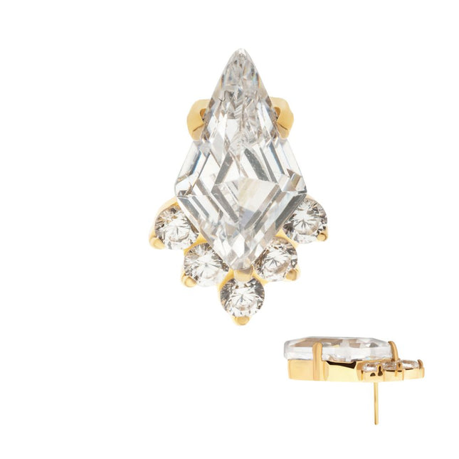 Invictus 24Kt Gold PVD Titanium Threadless Prong Set Kite Shape CZ Top with 5-Cluster Round CZ