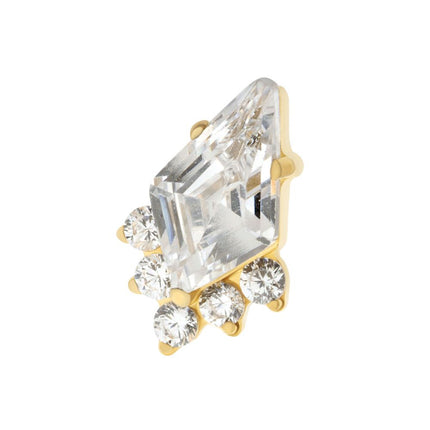Invictus 24Kt Gold PVD Titanium Threadless Prong Set Kite Shape CZ Top with 5-Cluster Round CZ