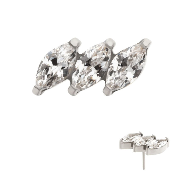 Invictus Titanium Threadless Prong Set Marquise CZ Diagonal 3-Cluster Top