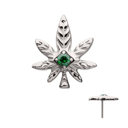 Invictus Titanium Threadless Prong Set Emerald Green Gem Pot Leaf Top