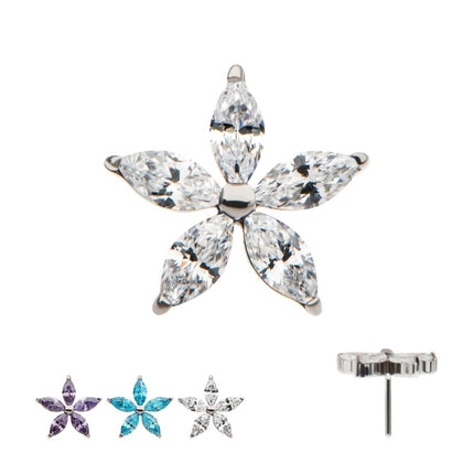 Invictus Titanium Threadless Pronged Marquise CZ 5-Petal Flower Top