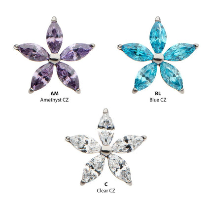 Invictus Titanium Threadless Pronged Marquise CZ 5-Petal Flower Top
