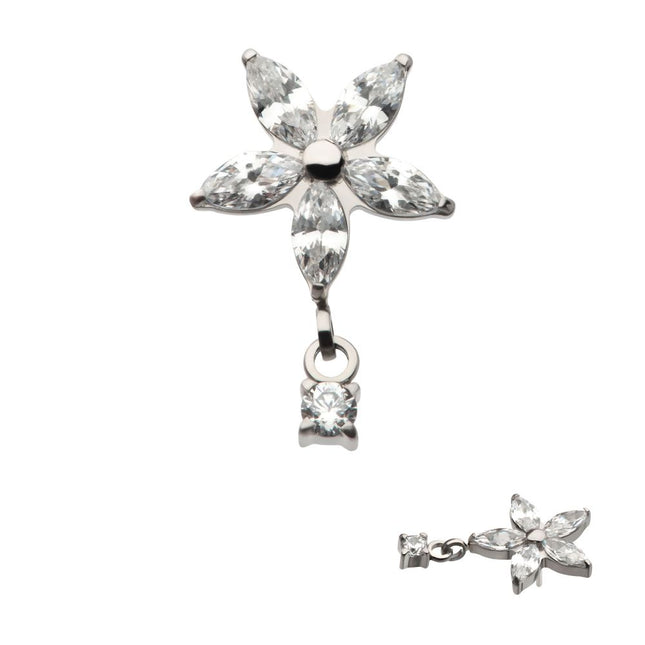 Invictus Titanium Threadless 5 Marquise CZ Flower Shape Top with Dangle Prong Set Round CZ