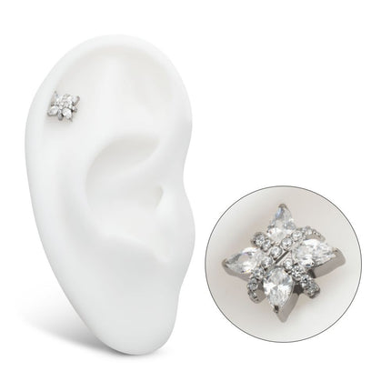 Invictus Titanium Threadless Paved CZ Cross with Pronged Marquise CZ Flower Top
