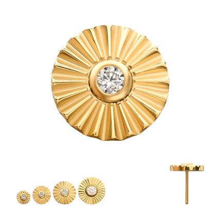 Invictus 24Kt Gold PVD Titanium Threadless Radiant Corrugated Round with Bezel Gem Top