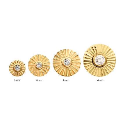 Invictus 24Kt Gold PVD Titanium Threadless Radiant Corrugated Round with Bezel Gem Top