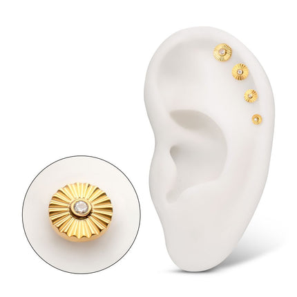 Invictus 24Kt Gold PVD Titanium Threadless Radiant Corrugated Round with Bezel Gem Top