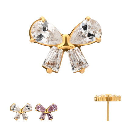 Invictus 24Kt Gold PVD Titanium Threadless Bow Top with Prong Set Marquise & Baguette Gem