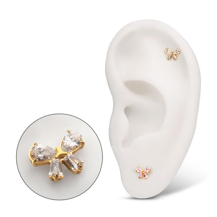Invictus 24Kt Gold PVD Titanium Threadless Bow Top with Prong Set Marquise & Baguette Gem