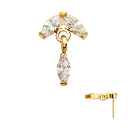 Invictus 24KT Gold PVD Titanium Threadless Twin Marquise Gem Top with Marquise Dangle